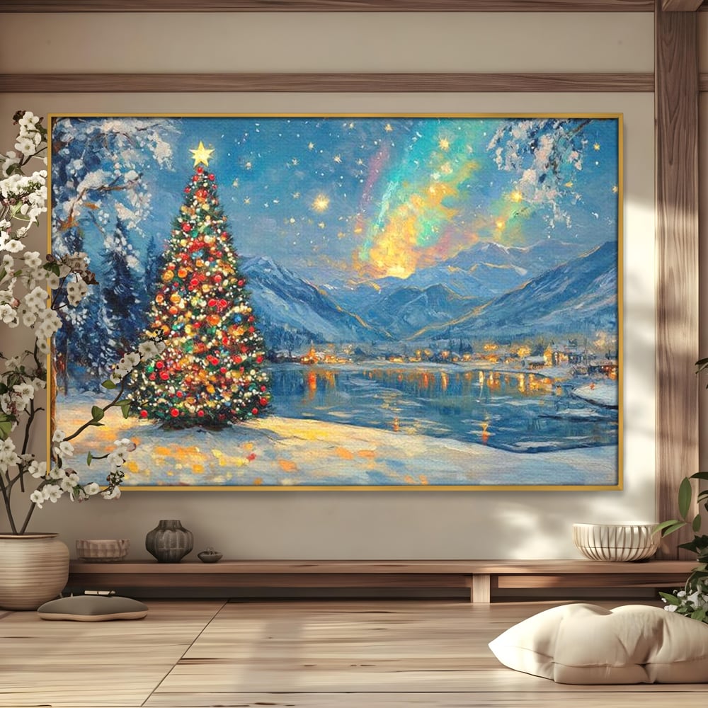 Tablou canvas cu pictura cu brad de craciun pe malul lacului, in rama de aluminiu auriu